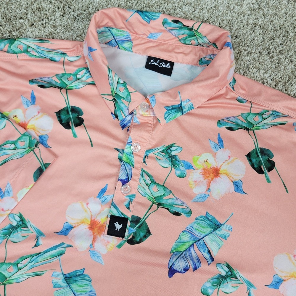 Bad Birdie Mens Large Multicolor AOP Floral Performance Stretch Golf Polo SS